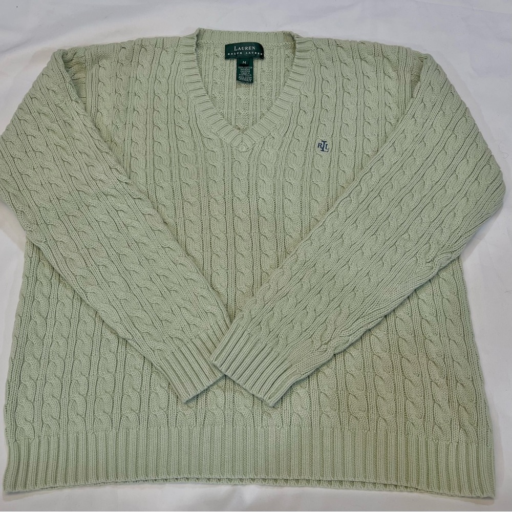Lauren Ralph Lauren Sage Green Pullover V-Neck Cable Knit Sweater M